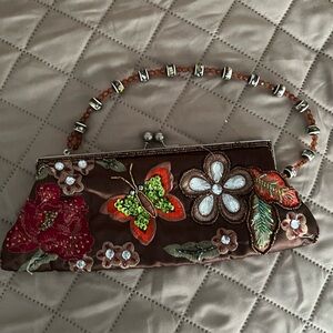 Floral Embroidered Clutch with Beaded Handle